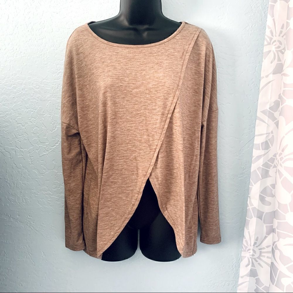 SHEIN Light Brown Split Hem Pullover Long Sleeve Shirt Size Small